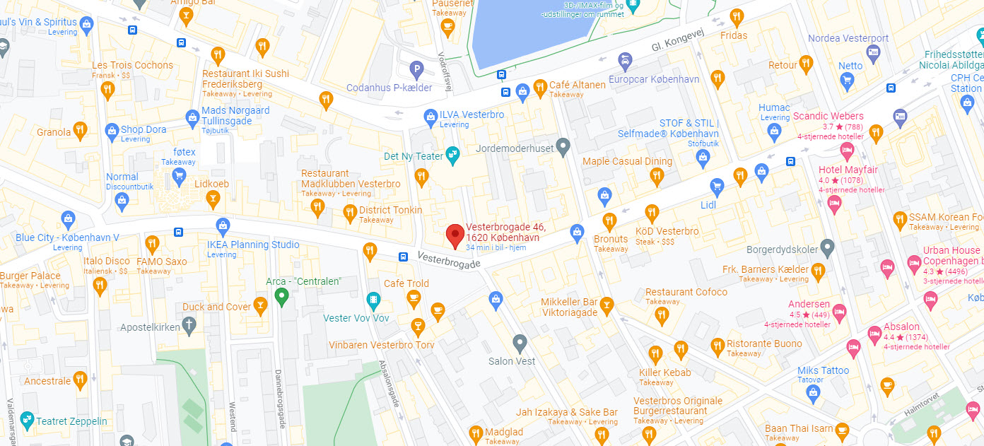 Kort over København, hvor der er zoomet ind på Vesterbrogade 46